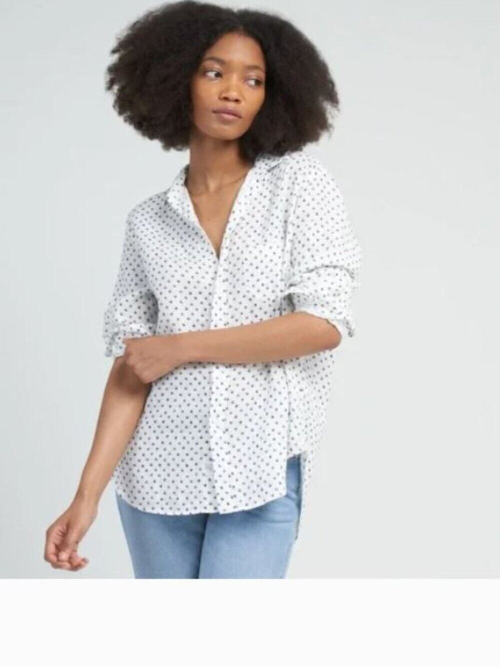 Frank & Eileen "Eileen" Button Up Shirt Sz M White Blue Heart Print 100% Cotton